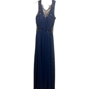 Navy Blue Lace Bodice Maxi Dress Formal Gown Evening Party‎ Bridesmaid